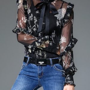 Bow Ruffled Floral Casual Long Sleeve Bodysuit with Belt