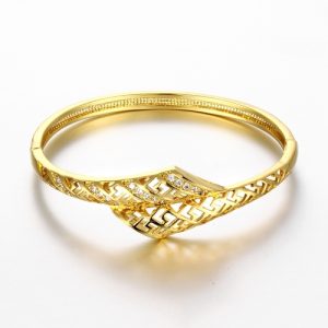 Brass Bangle Bracelet Embedded with AAA Zircon with An Opening & Hollow Lines Golden & Rose Golden Fashional Accessories for Women