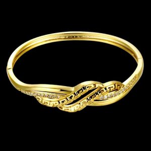 Brass Bangle Bracelet Embedded with AAA Zircon with An Opening & Waved Hollow Lines Golden & Rose Golden Fashional Accessories for Women