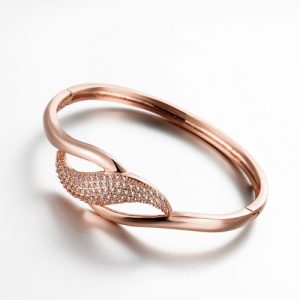 Brass Bangle Bracelet with AAA Zircon Embedded in A Curved Leaf with An Opening Golden & Rose Golden Fashional Accessories for Women