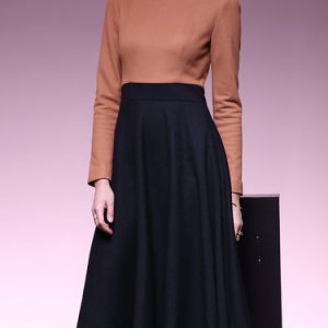 Brown A-line Long Sleeve Color Block Crew Neck Midi Dress