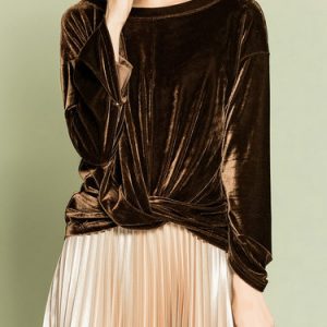 Brown Bateau/boat Neck Casual Velvet Solid Long Sleeved Top