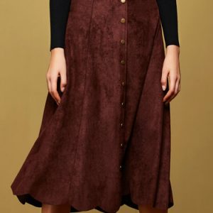 Brown Casual Buttoned Solid Faux Suede Midi Skirt