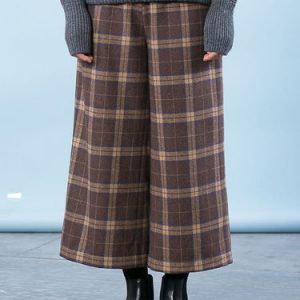 Brown Checkered/Plaid Wool Blend Printed Casual Wide Leg Pants