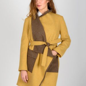 Brown Color-block Long Sleeve Wool Blend Coat