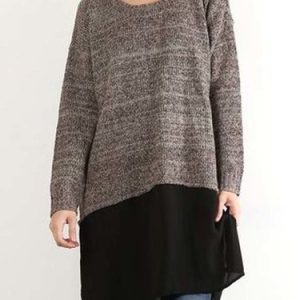 Brown Crew Neck Paneled Side Split Bottom Chiffon Tunic