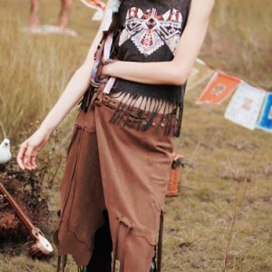 Brown Faux Suede Asymmetrical Fringed Mini Skirt