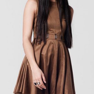 Brown Faux Suede Sleeveless Skater Mini Dress