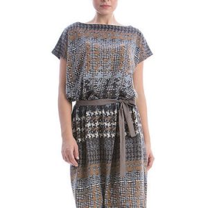 Brown Houndstooth H-line Short Sleeve Midi Dress