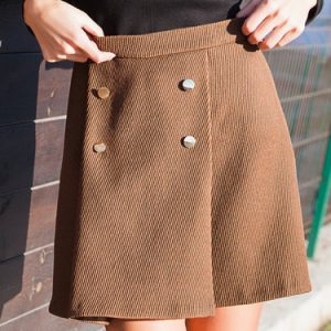 Brown Ribbed Plain A-line Simple Mini Skirt