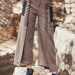 Brown Slit Solid Boho Wool Blend Wide Leg Pants