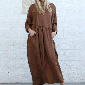 Brown Solid Raglan Sleeve Crew Neck Shift Maxi Dress