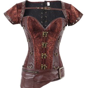 Brown Steampunk Corset Metallic Jacquard Zipper Women Retro Costume