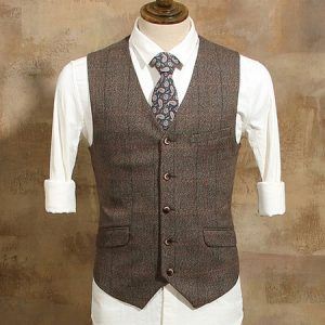 Brown Vintage Waistcoat Plaid Pocket Aristocrat Style Cotton Retro Costumes For Man Halloween