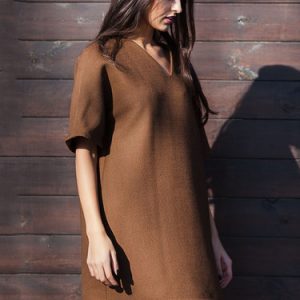 Brown Wool Blend V Neck Half Sleeve Mini Dress