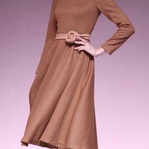 Brown Wool-blend V Neck Casual Plain Midi Dress with Belt