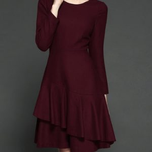 Burgundy A-line Wool Blend Elegant Plain Midi Dress