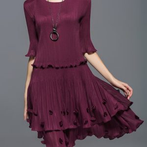 Burgundy Appliqued Half Sleeve Midi Dress