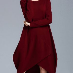 Burgundy Asymmetrical Casual Midi Dress