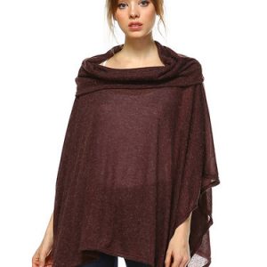 Burgundy Asymmetrical Knitted Casual Slash Neck Poncho And Cape