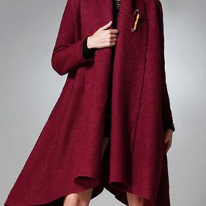 Burgundy Asymmetrical Wool Blend Solid Long Sleeve Coat