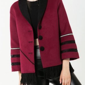 Burgundy Cashmere Color-block Long Sleeve H-line Coat