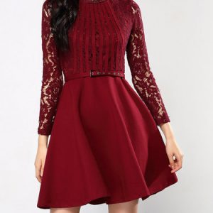 Burgundy Casual A-line Plain Lace Paneled Mini Dress with Belt