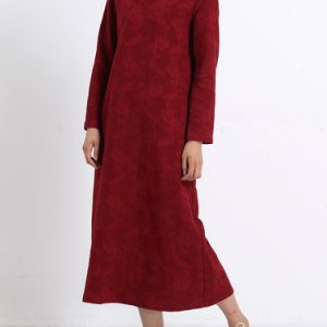 Burgundy Casual A-line V Neck Jacquard Midi Dress