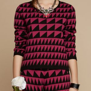 Burgundy Casual Geometric Wool Blend Long Sleeved Top