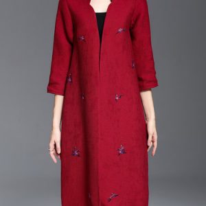 Burgundy Casual H-line Embroidered Coat