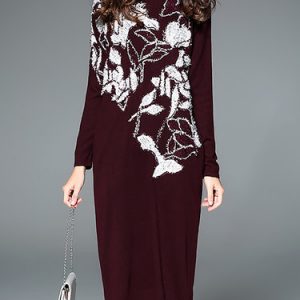 Burgundy Casual Polyester Midi Dress