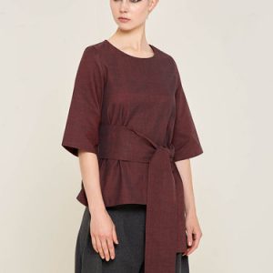 Burgundy Cotton Crew Neck 3/4 Sleeve Top With Belt