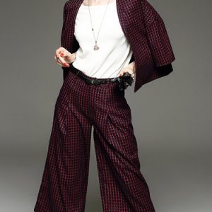 Burgundy Cotton-blend Two Piece Work Checkered/Plaid Suits And Separate