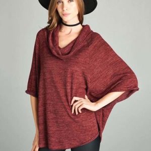 Burgundy Cowl Neck Plain Shift Batwing Tunic