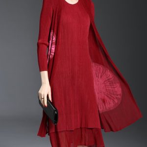 Burgundy Crew Neck Abstract Pleated Elegant Midi Dress