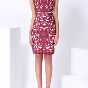 Burgundy Crew Neck Embroidered Polyester Sleeveless Midi Dress