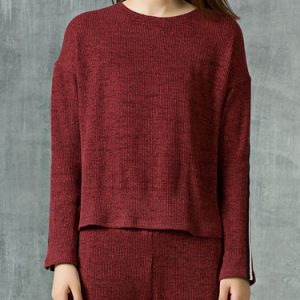 Burgundy Crew Neck H-line Long Sleeve Ribbed Long Sleeved Top