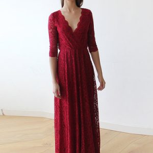 Burgundy Crocheted Lace 3/4 Sleeve Evening Dress