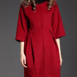 Burgundy Elegant Buttoned Crew Neck Solid Coat