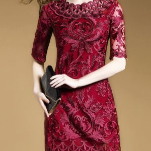 Burgundy Floral Half Sleeve Crew Neck Mini Dress