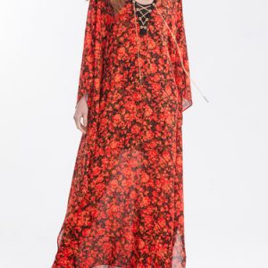 Burgundy Floral-print Boho Holiday Dress