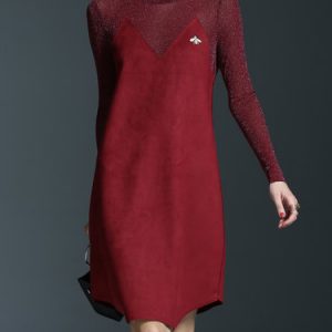 Burgundy Glitter-finished Paneled Long Sleeve Midi Dress