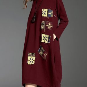 Burgundy H-line Appliqued Crew Neck Long Sleeve Midi Dress