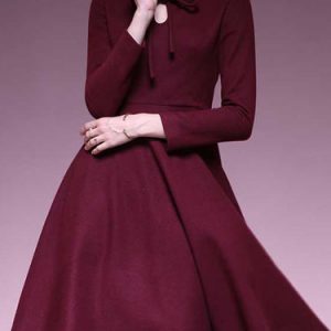 Burgundy Long Sleeve Bow Plain Crew Neck Midi Dress