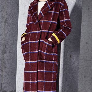 Burgundy Long Sleeve Checkered/Plaid H-line Wool Blend Coat