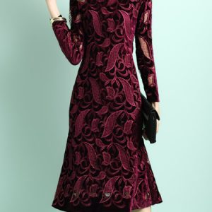 Burgundy Long Sleeve Solid Embroidered Midi Dress