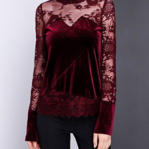 Burgundy Mesh Paneled Casual Long Sleeved Top