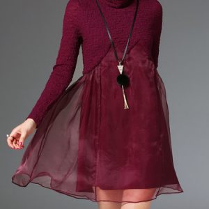 Burgundy Organza Paneled A-line Casual Mini Dress with Necklace