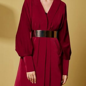 Burgundy Pockets Balloon Sleeve V Neck Coat with Belt