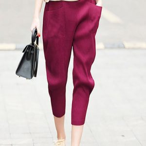 Burgundy Polyester Casual Plain Ribbed Cropped Pants